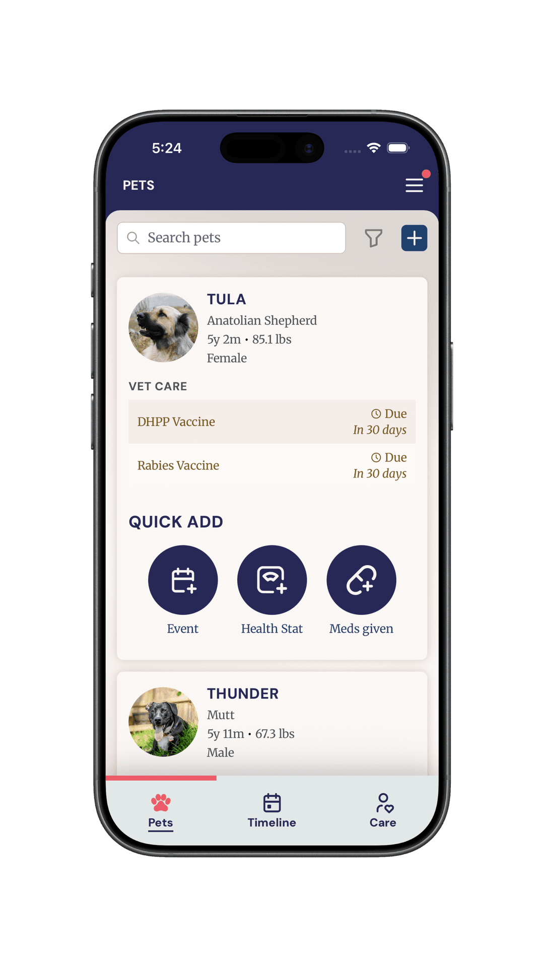 Kelpie app showing a pet profile and care details.