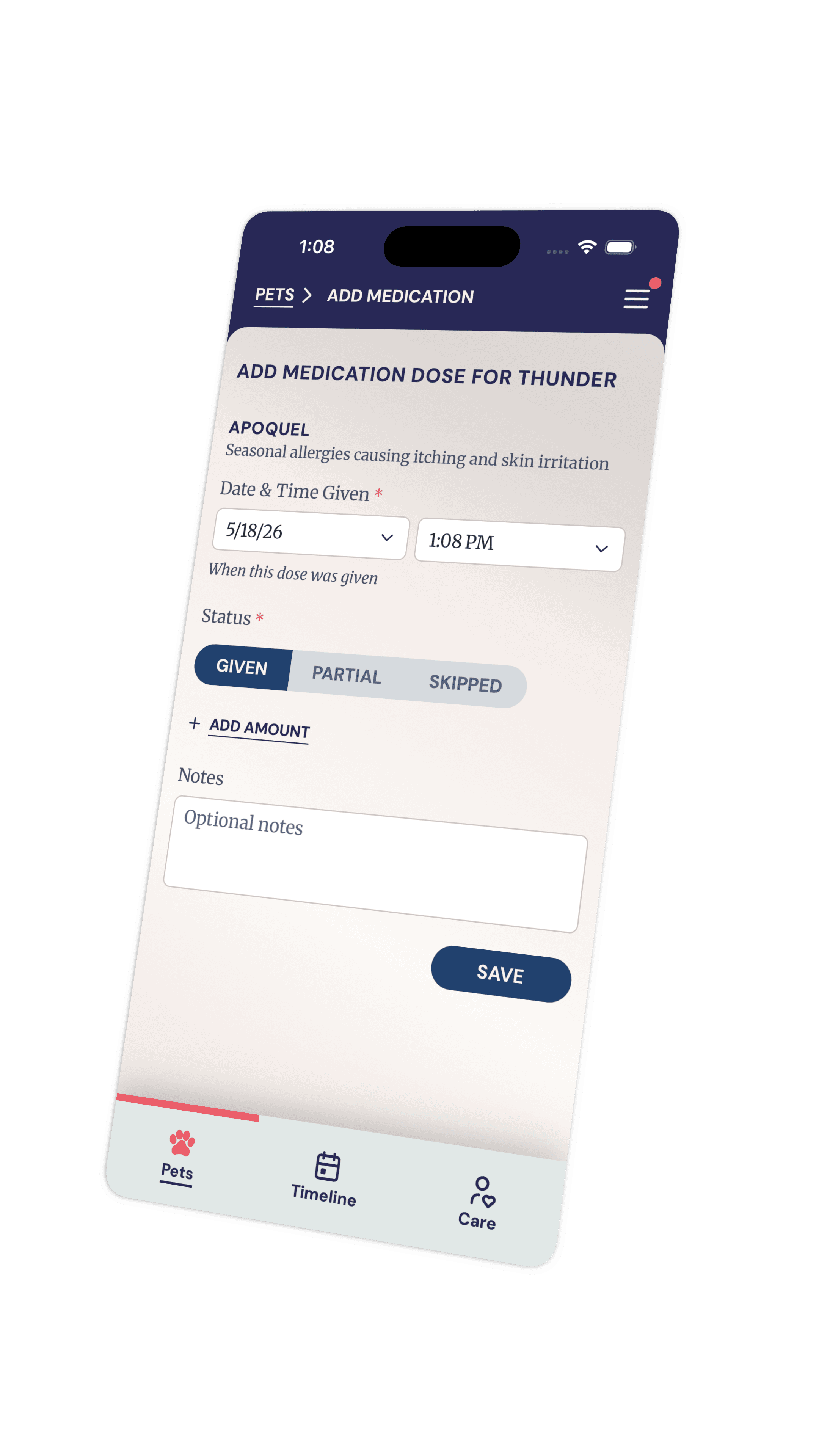 Kelpie medication dose screen.