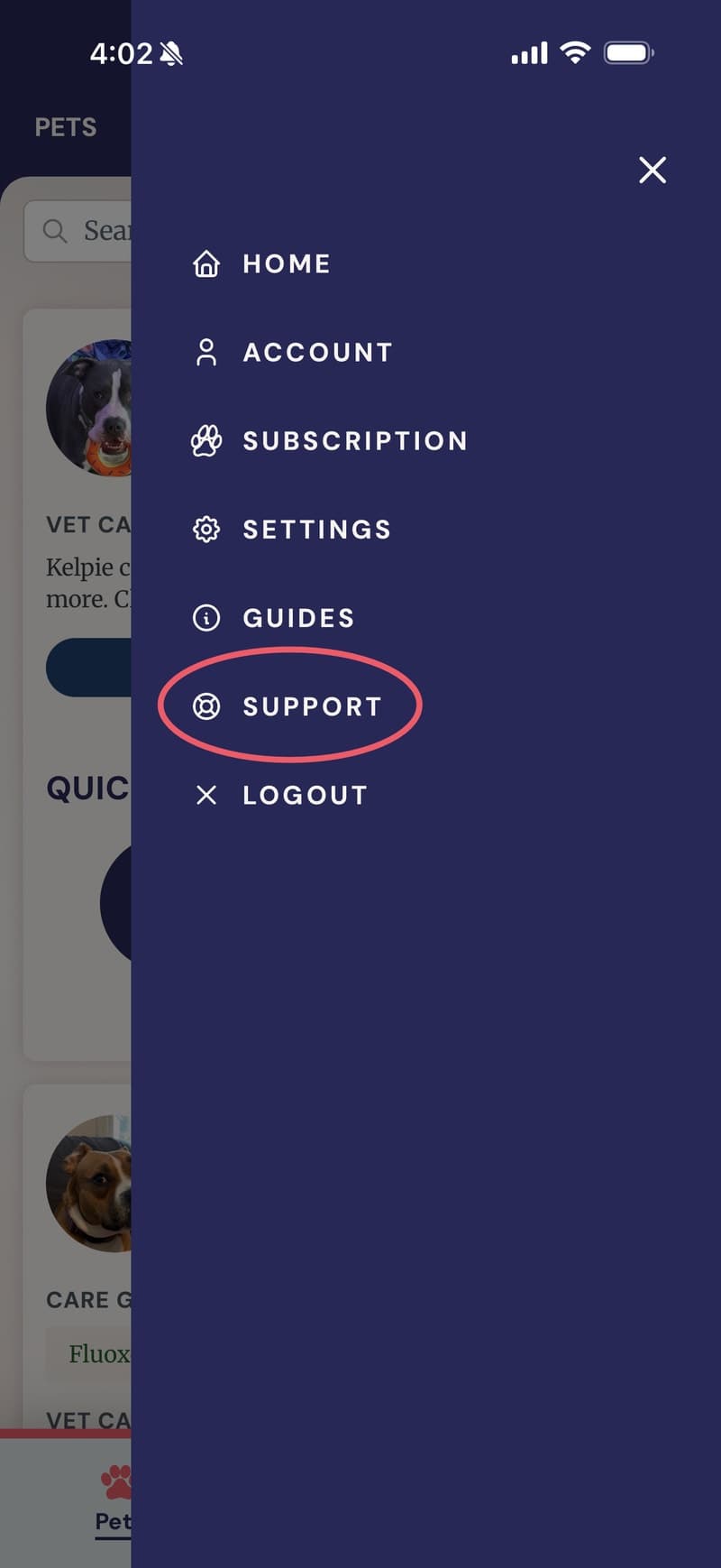 Kelpie app side menu with Support highlighted.