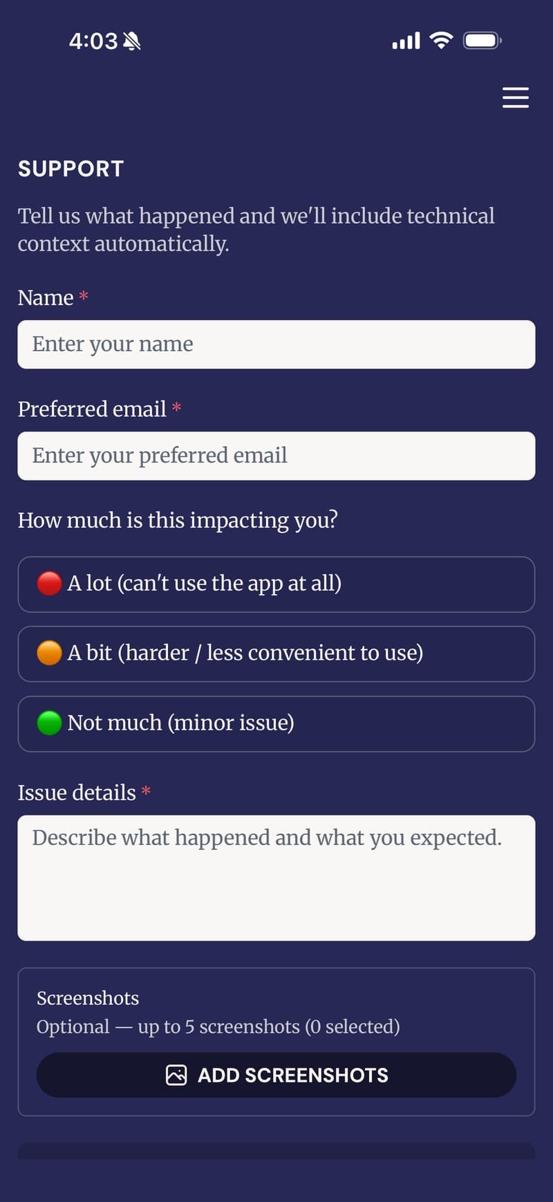 Kelpie in-app Support form.